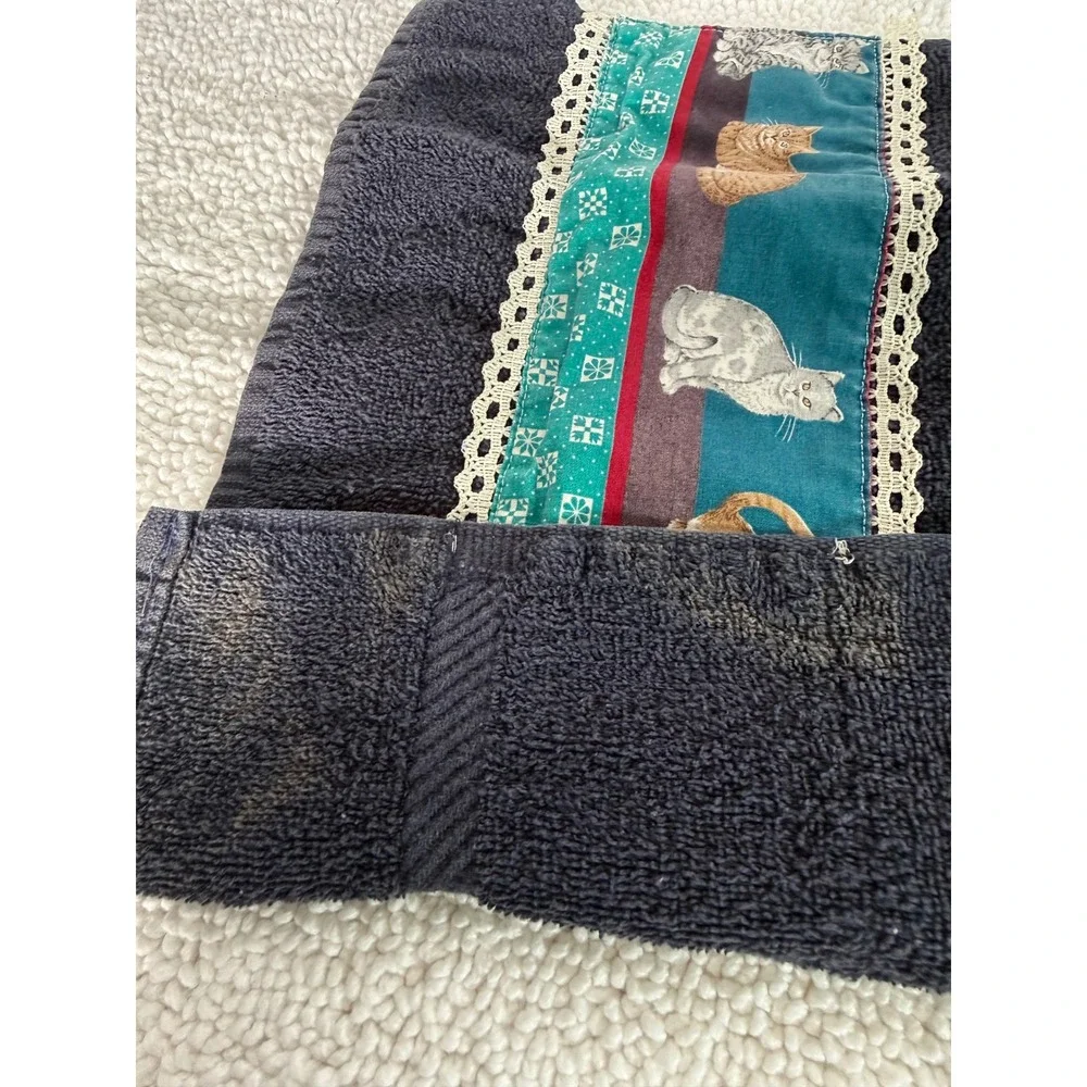 Stevens Dark Blue Hand Towel with Adorable Cat Print Trim Lace Accent‎